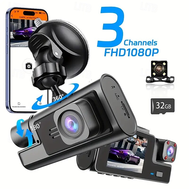 3 Channel Car Car Recorder FHD 1080P Car Car Recorder Wifi APP Control Car Recorder with Reversing Camera Super Night Vision Black Box Loop Recording G Sensor Motion Detection Parking Monitor