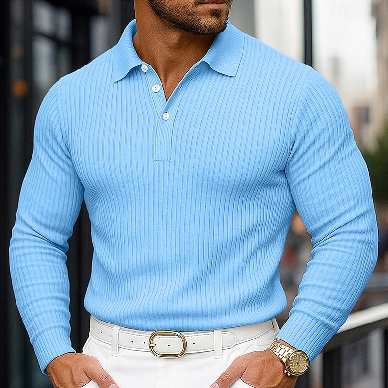 Men's Rib Knit Top Muscle Shirt Street Casual Lapel Long Sleeve Basic Modern Plain Vertical Stripes Buttons Spring Fall All Seasons Slim Fit White Blue Navy Blue Grey Rib Knit Top2