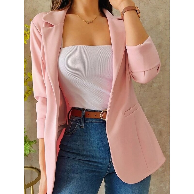 Women's Blazer Comfortable Breathable Pocket Casual Plain Office Street Casual Daily Wear Open Front Short Turndown Regular Fit Long Sleeve Outerwear Pink Blue Green Summer Fall3