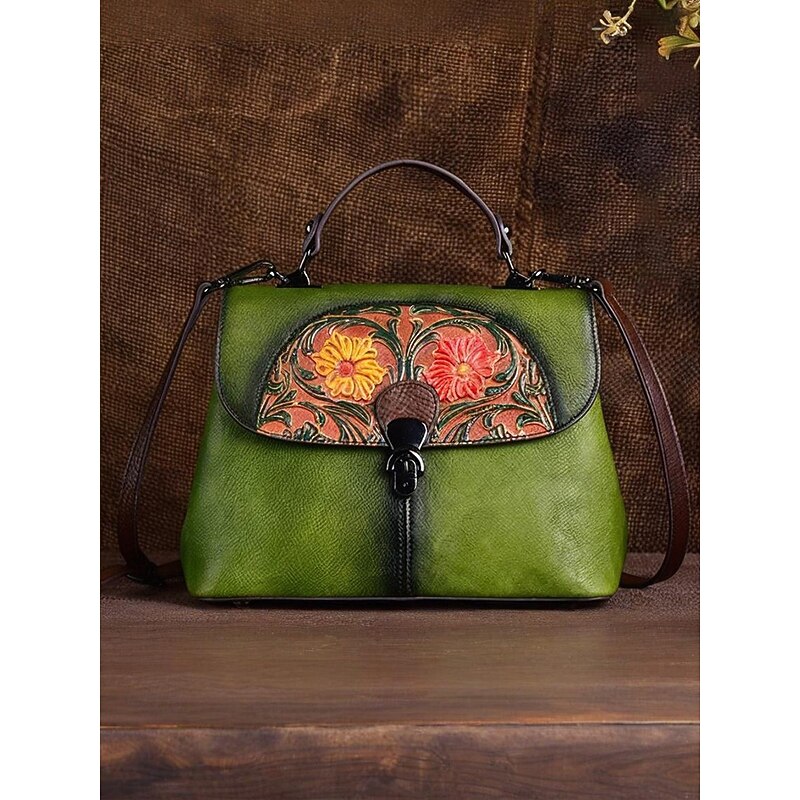 Women's Vintage Floral Embroidered Leather Handbag – Stylish Shoulder Bag with Floral Design, Ideal for Casual Everyday Wear and Dates