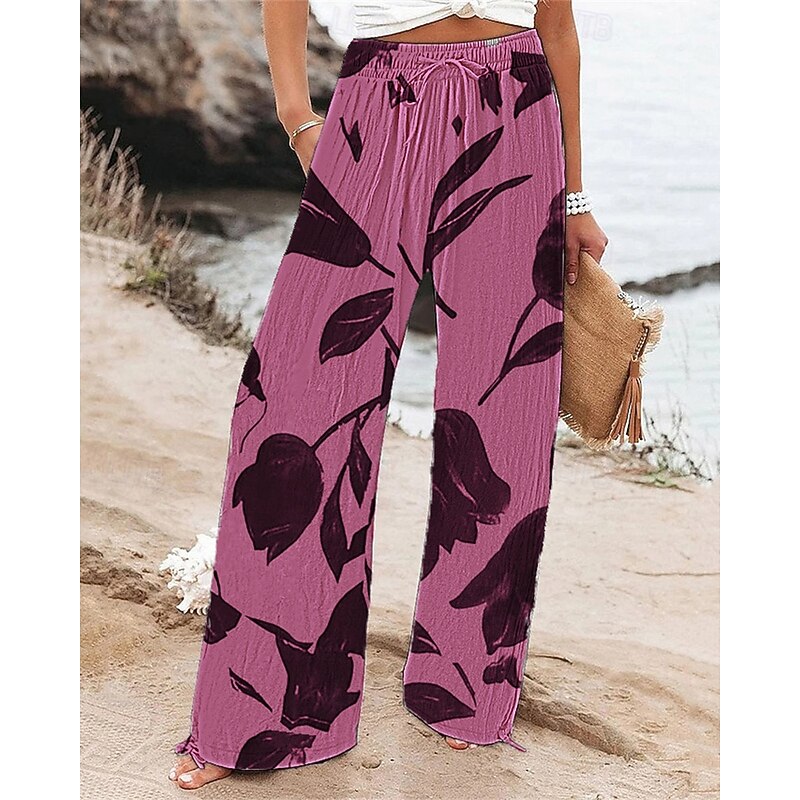 Women's Wide Leg Pants Trousers Palazzo Pants Fashion Boho Full Length High Waist Flower Drawstring Elastic Waist Print Breathability Comfortable Street Daily Wear Going out White Pink Blue Spring2