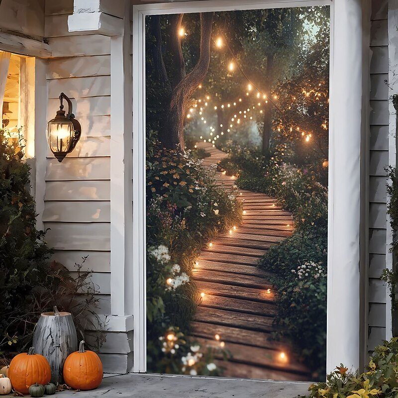 Halloween Door Cover Haunted Castle Pumpkin Lantern Bat Moon Door Tapestry Door Curtain Decoration Backdrop Door Banner for Front Door Farmhouse Holiday Party Indoor Outdoor Decor Supplies2