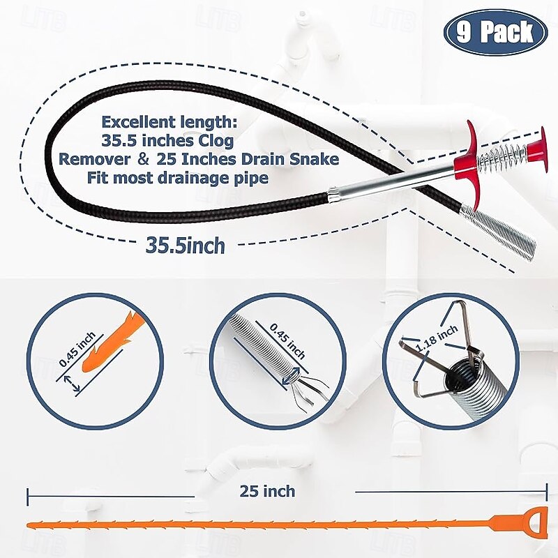 Kitchen Sink Sewer Cleaning Hook Set,35.5inch Drain Clog Remover(1pcs), 25inch Drain Snake Hair Remover(6pcs) ＆ Cleaning Brush(2pcs), Hair Catcher Drain Auger Cleaner Tool Set For Toilet, Kitchen Sink, Bathroom Tub, Sewer2