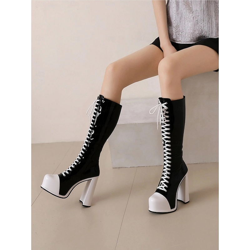 Women's Black and White Platform Knee-High Boots - Retro Lace-Up High Heels for Cosplay and Themed Events