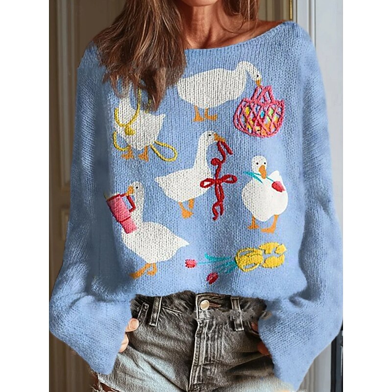 Women's Sweater Casual Soft Graphic Animal Ribbed Crew Neck Knitted Print Long Sleeve Regular Tops Knit Outdoor Daily Weekend White Yellow Fall Winter3