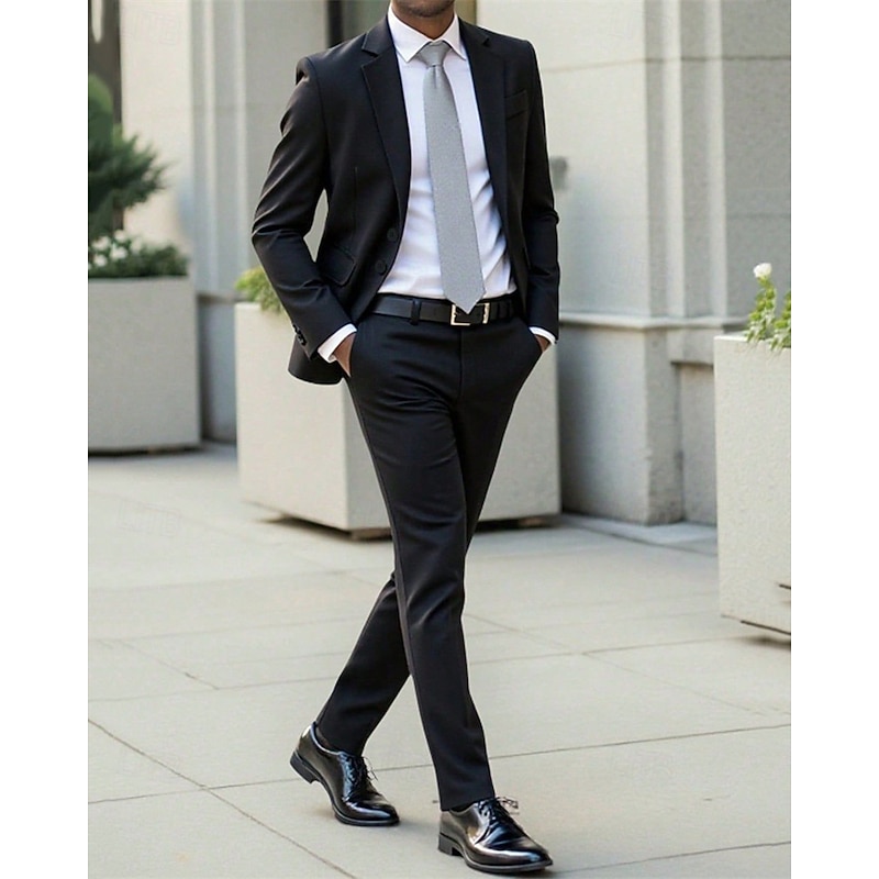 Men's Blazer Set Business Cocktail Party Wedding Party 2 Piece Fashion Casual Spring Fall Polyester Plain Pocket Buttons Comfortable Single Breasted Blazer Black2