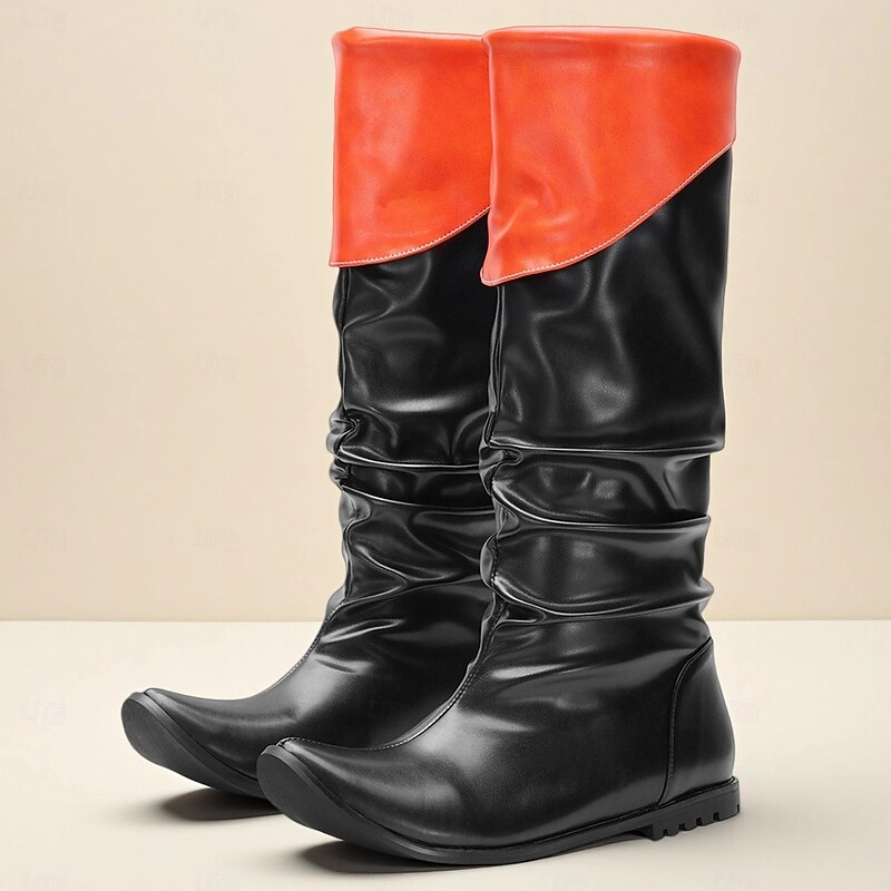 Men's Black and Red Fold Over Knee High Boots Faux Leather Retro Pirate Style Costume Shoes for Halloween Party and Cosplay
