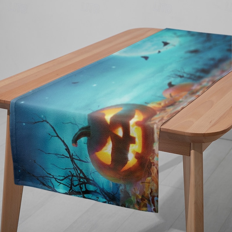 Halloween Blue Pumpkin Table Runner - Digital Printed Rectangular Tablecloth 33x180cm for Restaurant & Party Decor