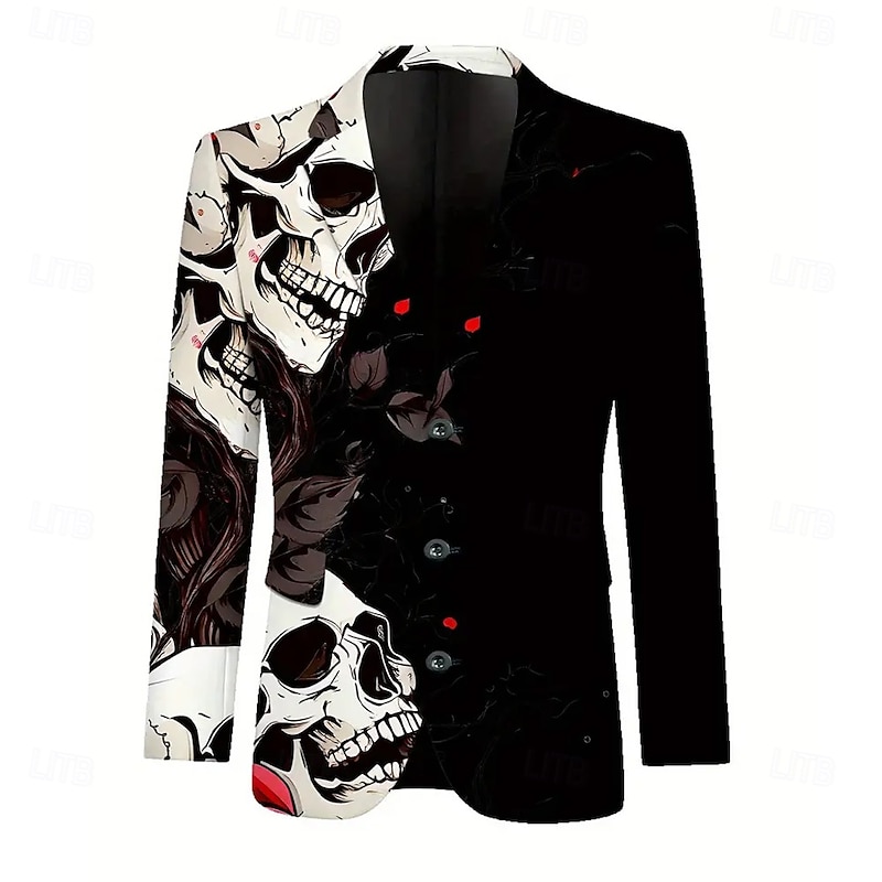 Halloween Men's Coat Blazer Party Casual Festival Contemporary Casual Daily All Seasons 100% Polyester Cool Skulls Rose 3D Print Buttons Thermal Warm Comfortable Single Breasted Blazer Black3