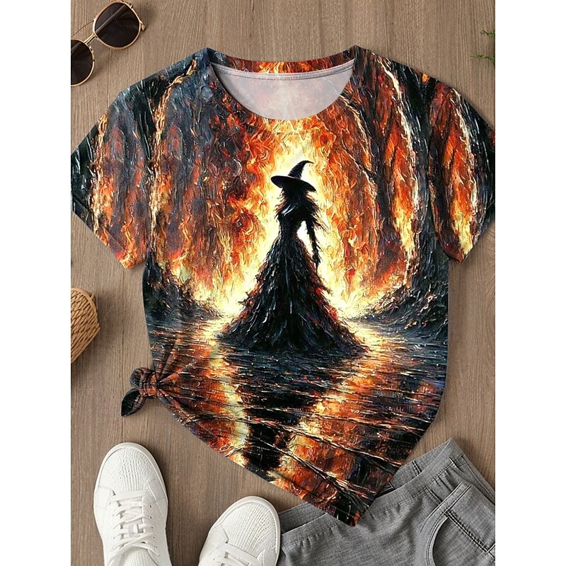 Halloween Women's T shirt Witch Graphic Vintage Stylish Classic Short Sleeve Round Neck Regular Tops Daily Print Blue Purple Orange Green Summer Spring Fall