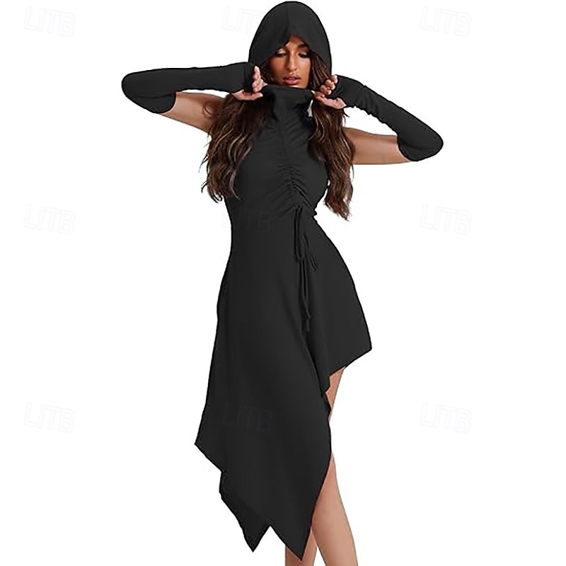 Gothic Dress Hooded Witch Asymmetrical Hem Fancy Dress Women's Fantasy Halloween Carnival Performance Party Adults Dress Gloves