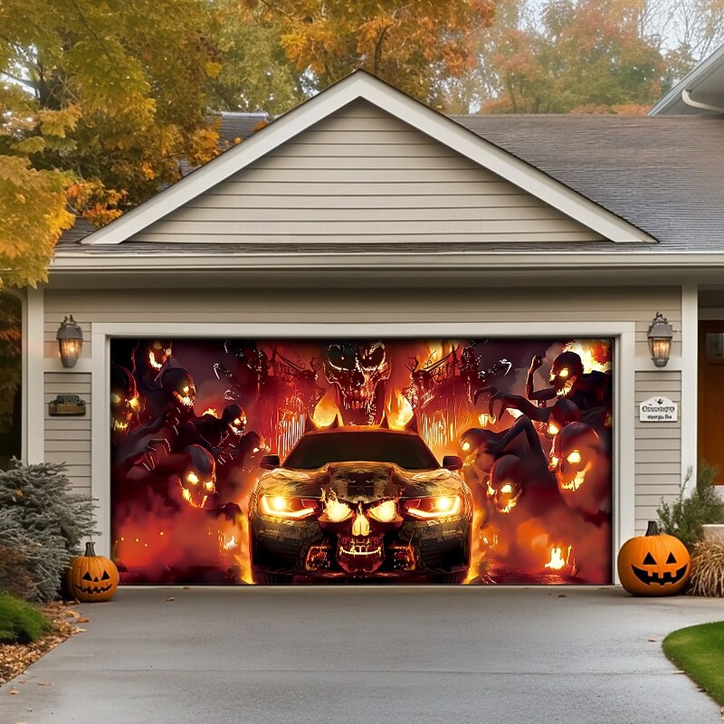 Halloween Garage Door Cover Large Hanging Backdrop Flame Car Dark Punk Gothic Style Party Outdoor Shooting Backgrounds Yard Haunted House Home Decor2