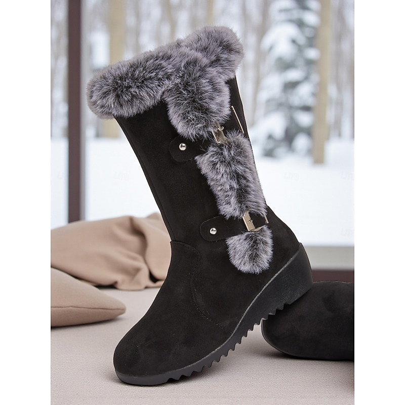 Women's Black Faux Suede Mid-Calf Winter Boots –  Plush Fur Lined, Non-Slip Outdoor Wedge Heel Snow Boots, Warm Trekking & Travel Footwear2