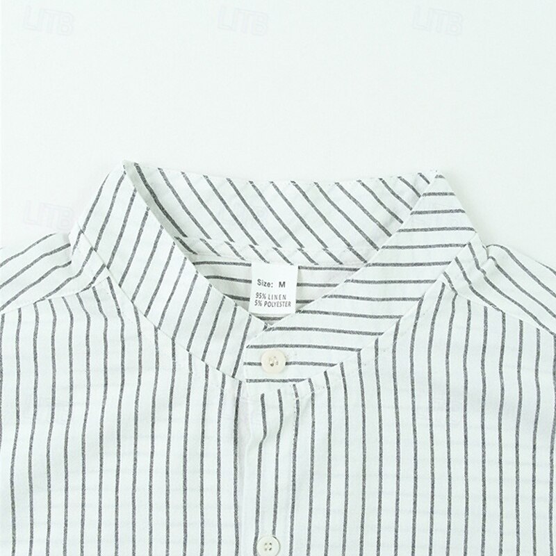 Men's Shirt Summer Shirt Casual Shirt Beach Shirt Button Up Shirt Black White khaki Light Blue Long Sleeve Stripe Band Collar Vacation Hawaiian Clothing Apparel Cotton And Linen Fashion Casual3