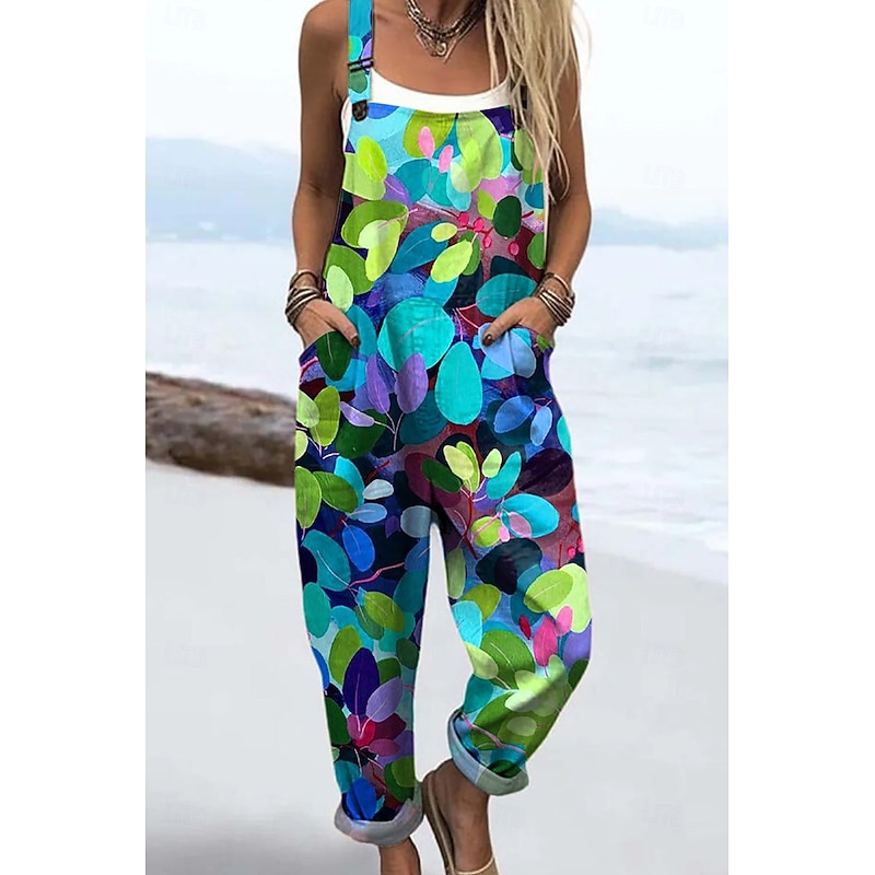 Women's Dungarees Active Floral Sleeveless Sleeveless Straight Square Neck Pocket with Pocket Vacation Daily Loose Fit Red Blue Green Summer2