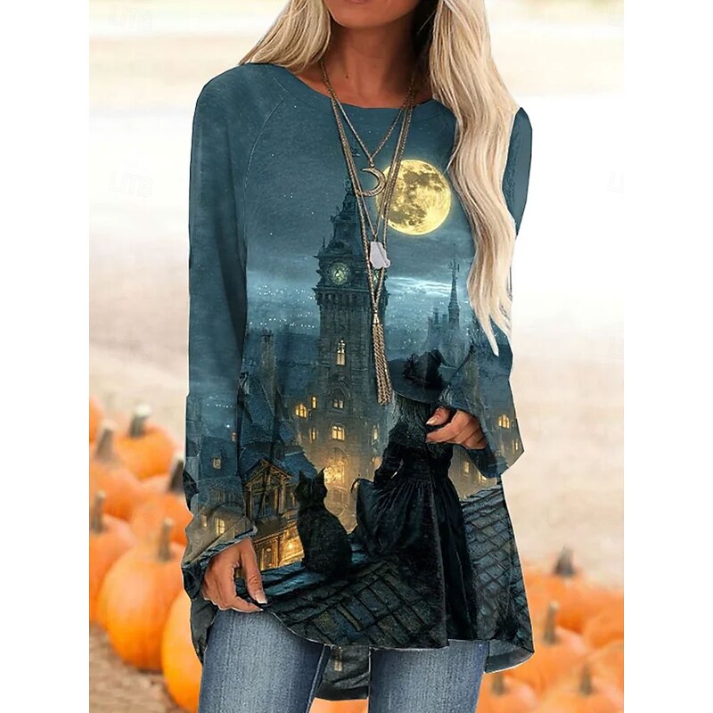 Halloween Women's T Shirt Skulls Long Sleeve Graphic Vintage Stylish Classic Long Sleeve Crew Neck Regular Tops Daily Print Black Blue Purple Orange Spring Fall Prefall4