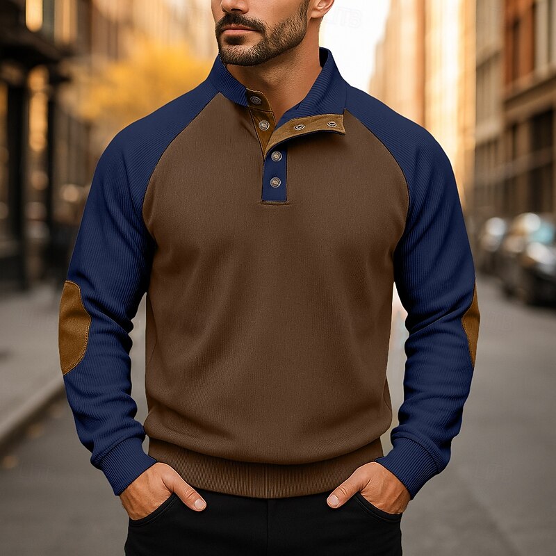 Men's Sweatshirt Corduroy Pullover Hoodie Sweatshirt Pullover Button Up Hoodie Apricot Black Navy Blue Standing Collar Plain Patchwork Color Block Sports & Outdoor Casual Daily Streetwear Cool3