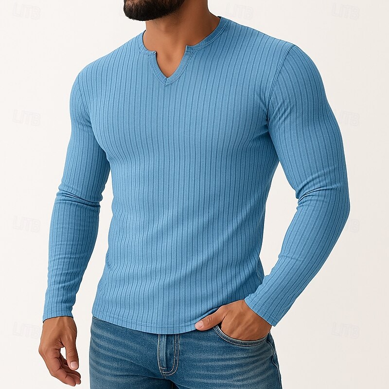 Men's T Shirt Muscle Shirt Ribbed Knit tee Tee Top Long Sleeve V Neck Summer All Seasons Plain Pit Strip Fashion Designer Basic Knitting Plain Vacation Street Casual Black White Blue Top Tee for Men