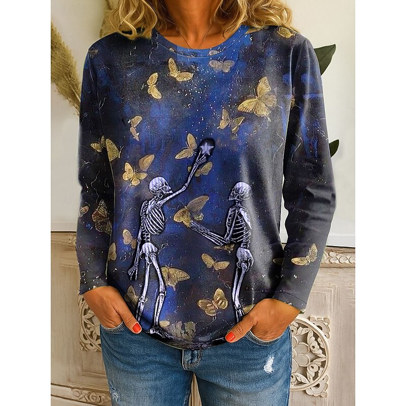 Halloween Women's T Shirt Skulls Graphic Witch Vintage Fashion Stylish Long Sleeve Crew Neck Regular Tops Daily Print Pink Blue Purple Fall Winter3