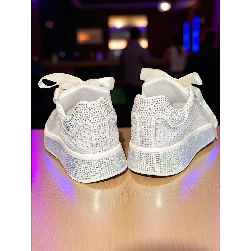 Women's White Rhinestone Sneakers with Satin Ribbon Laces and Heart Charm - Glamorous Casual Shoes for Nightlife, Clubbing and Party Outfits4
