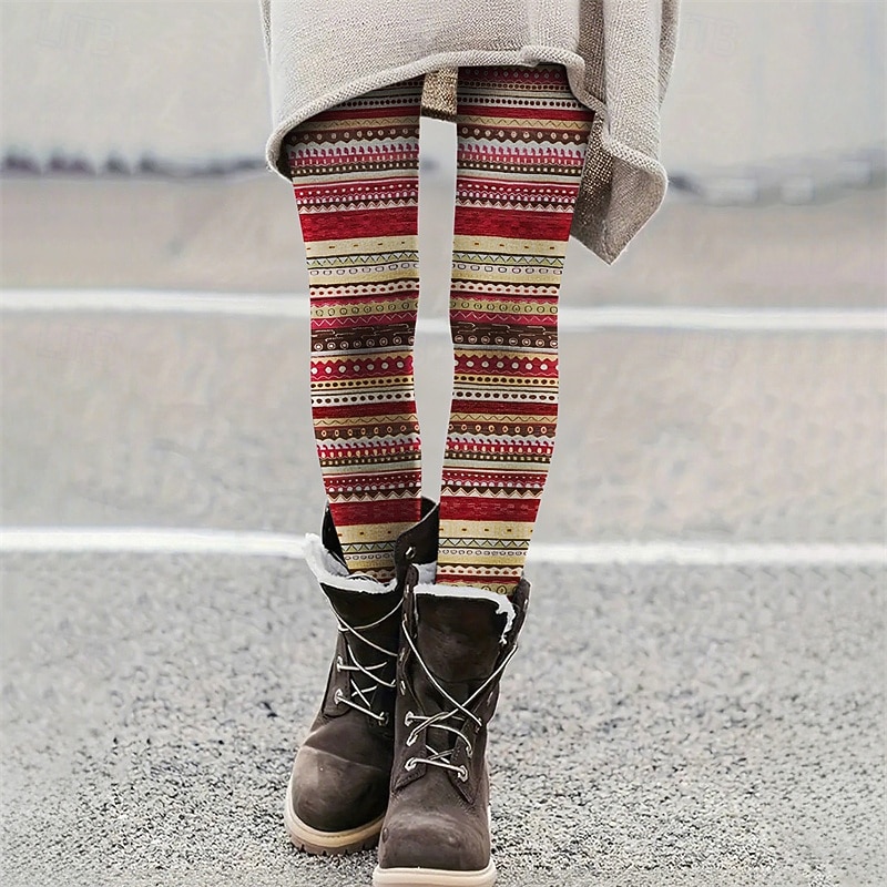 Women's Pants Trousers Leggings Cozy Leggings Vintage Ethnic Style Full Length High Waist Striped Elastic Waist Print Breathability Comfortable Stretchy Vacation Street Daily Wear Dark Red Red Summer2