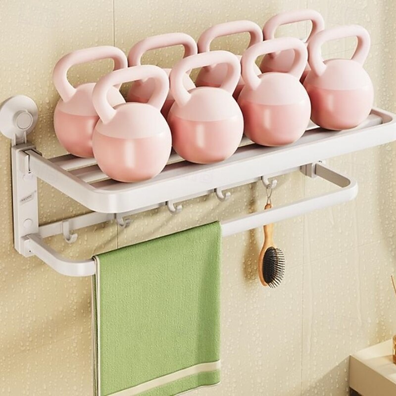 TAILI Aluminum Alloy Suction Cup Towel Rack with Towel Bar Holder, No Drill Foldable Towel Shelf with Hooks,Towel Storage Organizer for Bathroom Bath Shower2