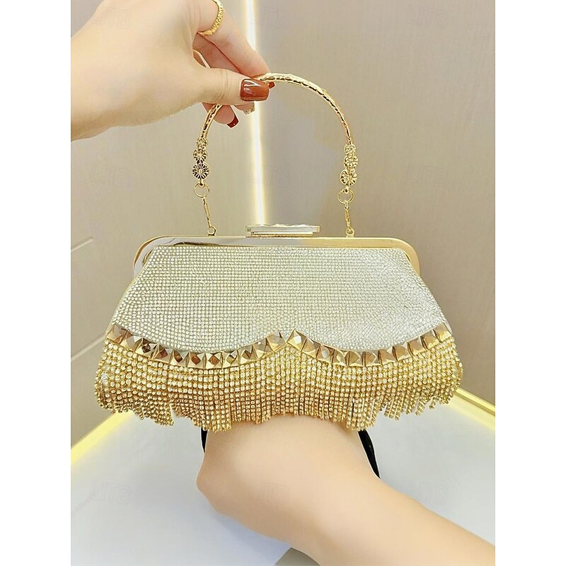Women's Crystal Fringe Evening Clutch Bag – Luxury Rhinestone Handbag with Top Handle & Chain Strap for Weddings, Banquets and Formal Parties2