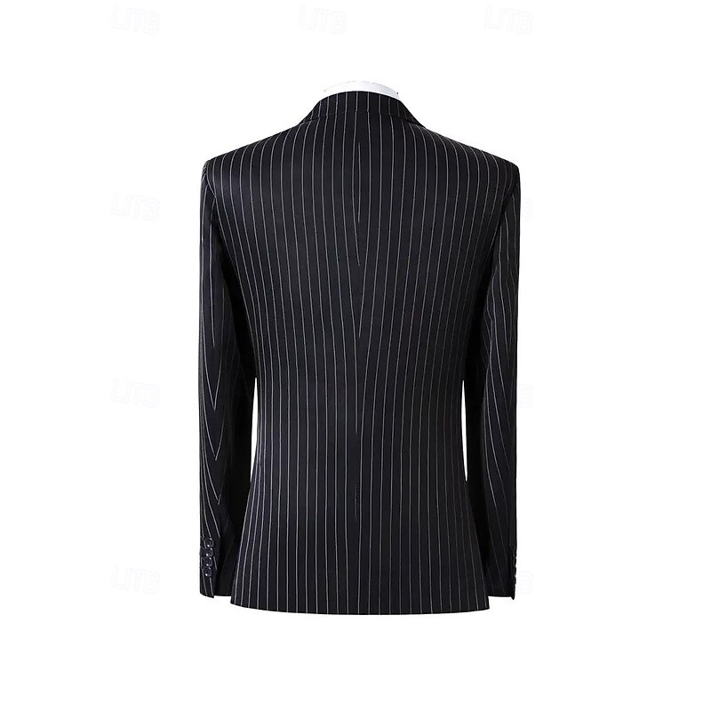 Men's Casual Semi Formal Business Suits Notch Lapel Black Formal Striped Tailored Fit 3 Piece Single Breasted Two-buttons2