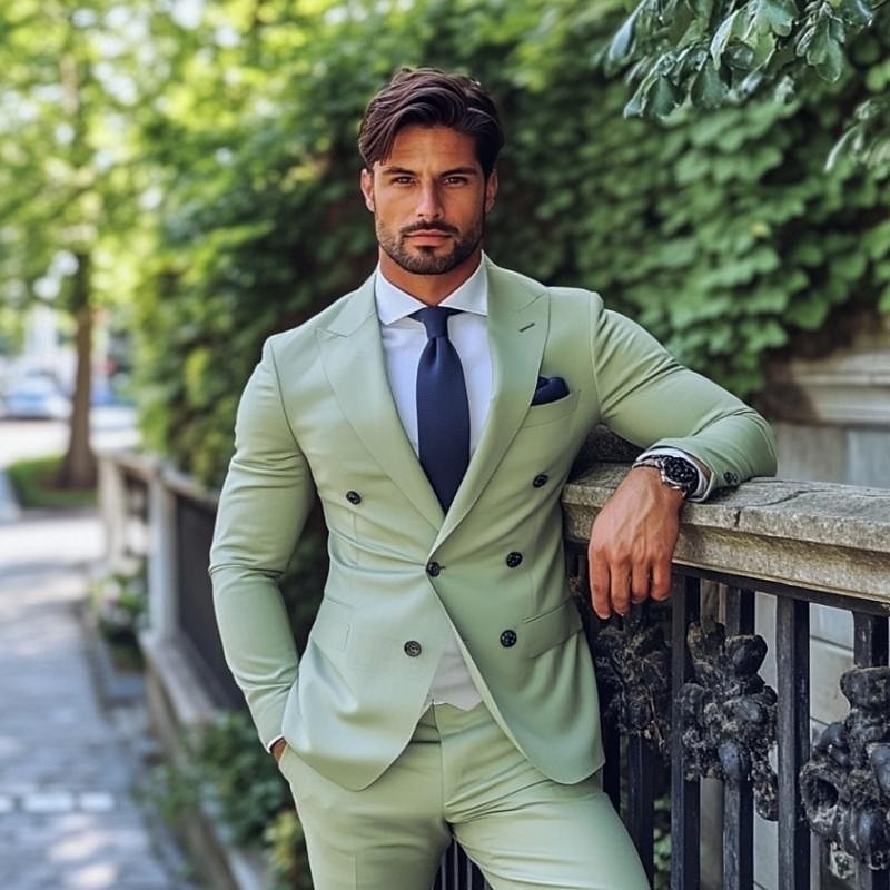 Men's Business Casual Wedding Suits Notch Lapel pea green Formal Solid Colored Tailored Fit 2 Piece Double Breasted Six-buttons