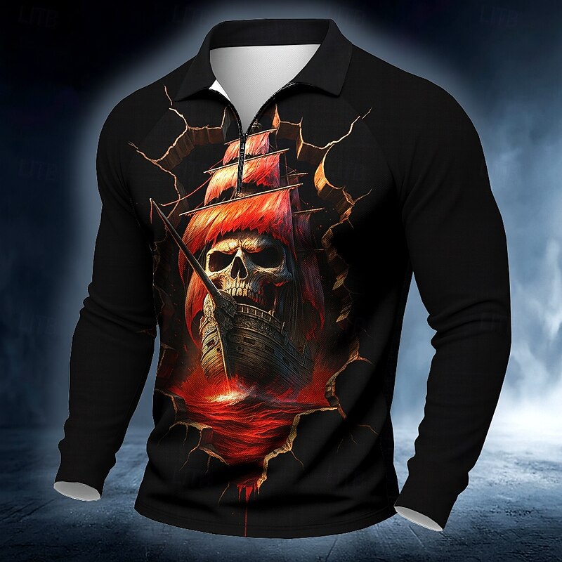 Day of the Dead Men's Haunted Pirate Ship Polo Long Sleeve Polo Shirts Casual Dark Outdoor Street Daily Wear 3D Print Quarter Zip Polo Spring Fall Winter Lake blue Red Blue4