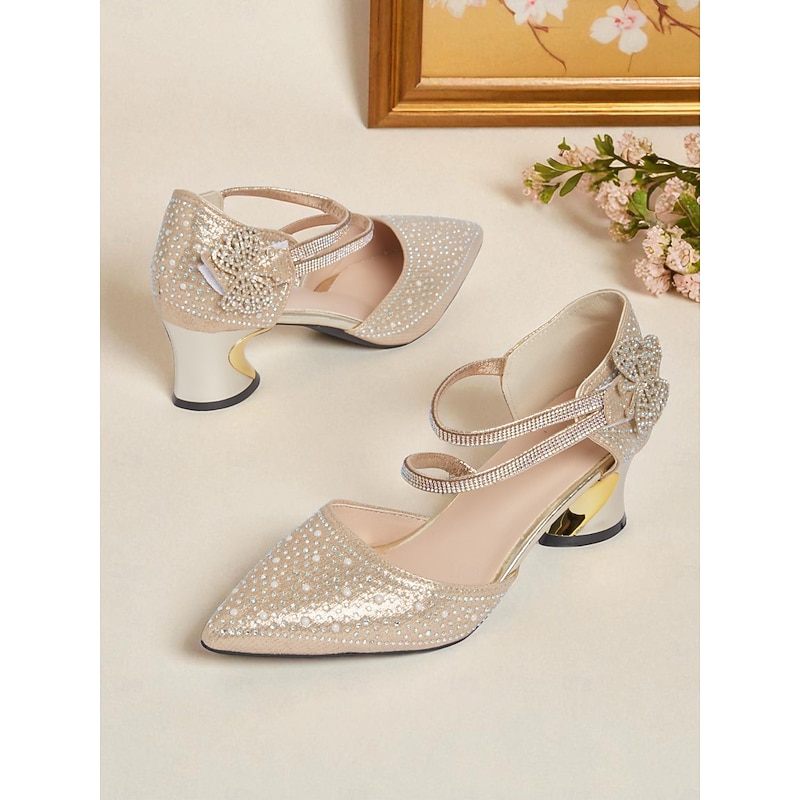 Women's Glitter Rhinestone Pointed Toe Ankle Strap Low Heel Pumps, Elegant Cocktail Party Dress Shoes for Ladies4