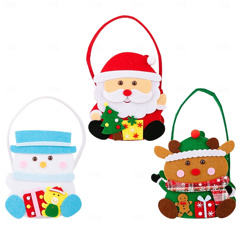 3PCS Christmas Cartoon Gift Bags, Santa Claus Candy Bags, Kids Christmas Tote Bags for Gifts, Apples, Candies and Holiday Party Favors2