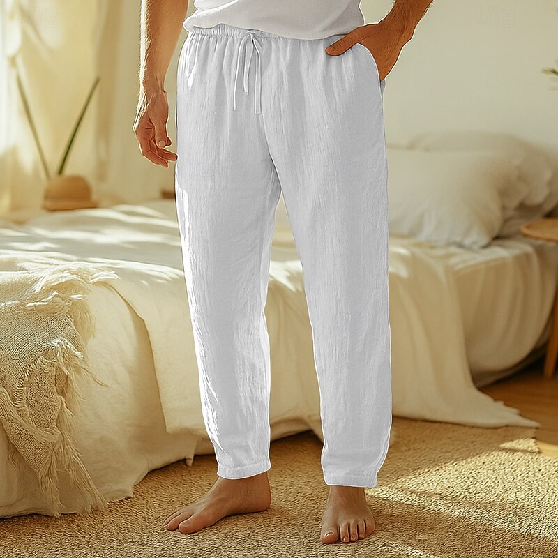 Men's Linen Pants Trousers Summer Pants Baggy Pants Beach Pants Drawstring Elastic Waist Straight Leg Plain Comfort Breathable Knee Length Casual Daily Holiday Vacation Fashion Black White Inelastic