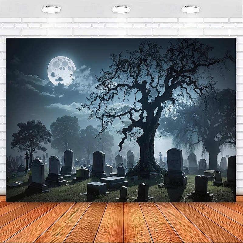 Halloween Creepy Forest Photo Backdrop, Hanging Tapestry Wall Art with Ghost & Graveyard Design, Large Mural Blanket Curtain for Home, Bedroom, or Living Room Decoration3