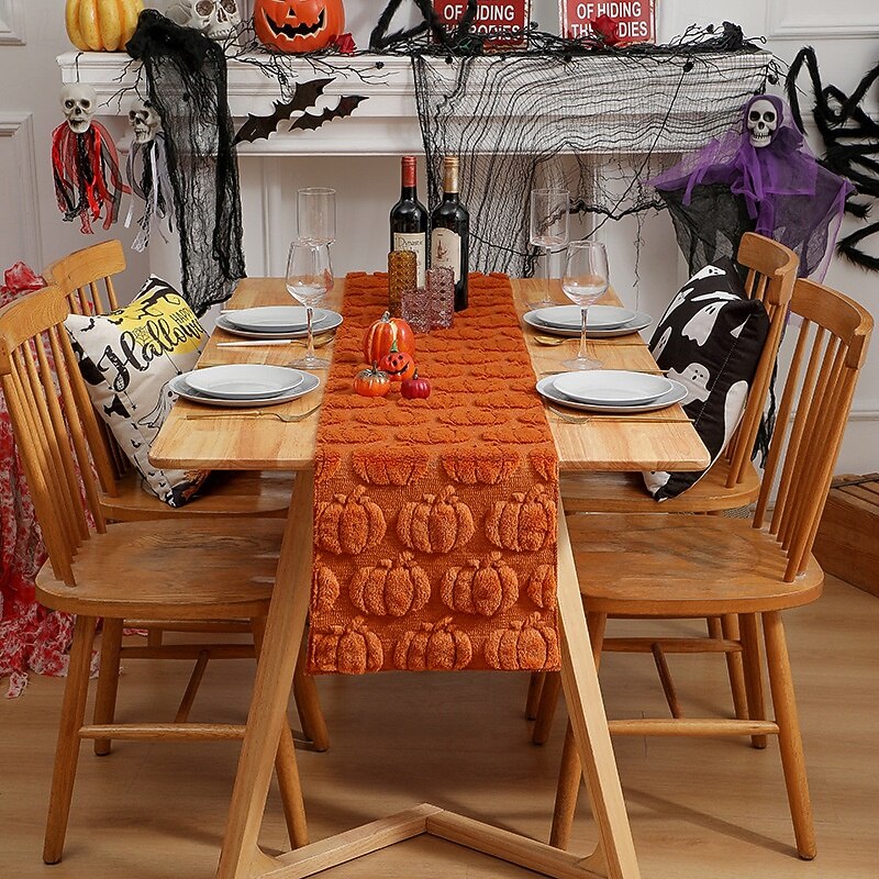 Halloween Table Runner Table Flag - 3D Quilted Pumpkin Embroidery Table Runner, Premium Dining Decor for Parties & Mall Displays4