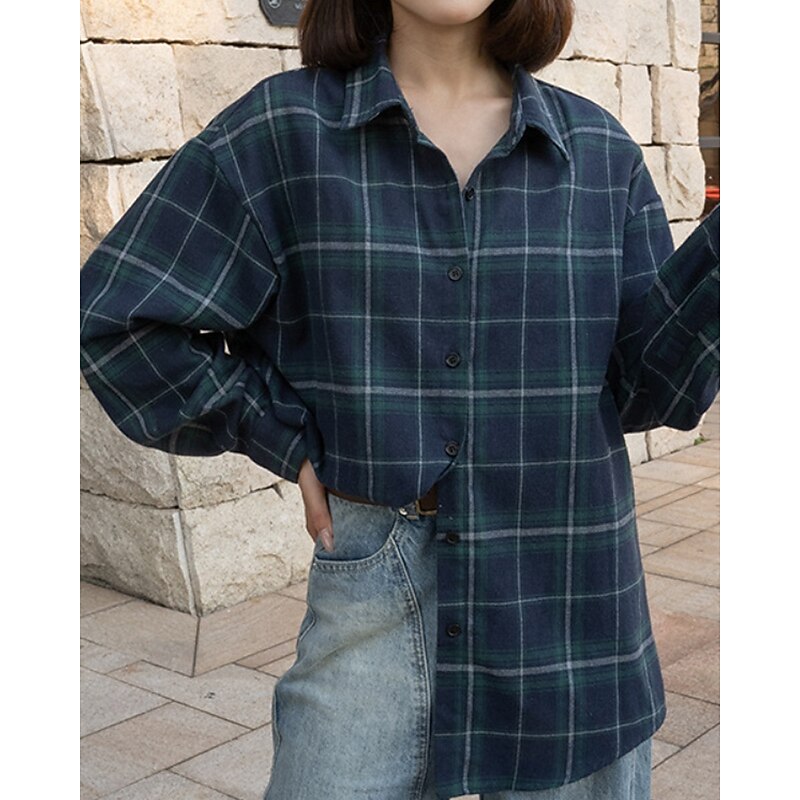 Women's Shirt Blouse Plaid Casual Long Sleeve Shirt Collar Regular Tops Daily Holiday Going out Buttons Red Navy Blue Fall2