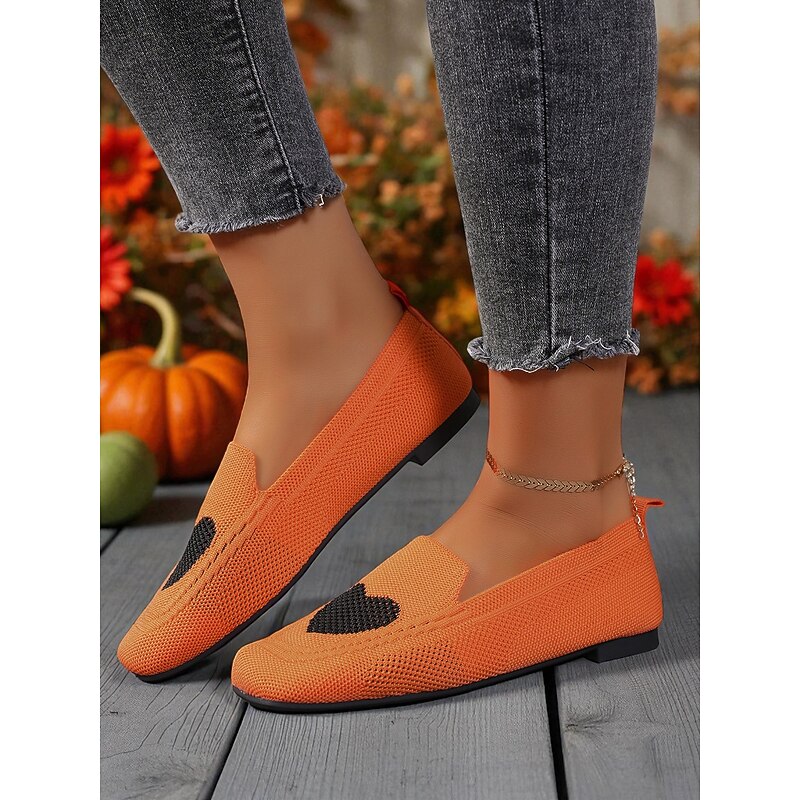 Women's Orange Flyknit Loafers with Black Heart Pattern, Breathable Slip-On Flats for Casual Wear and Halloween Festivities3