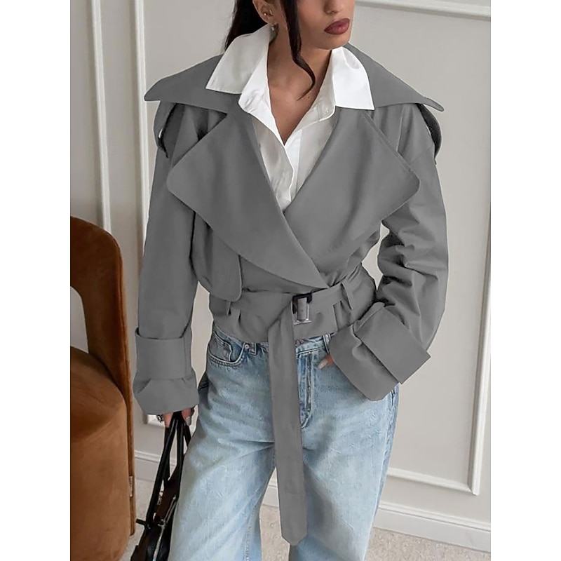Women's Casual Jacket Trench Coat Comfortable Breathable Lace up Casual Plain Vacation Street Casual Daily Wear Open Front Short Turndown Regular Fit Long Sleeve Outerwear Beige Gray Spring Fall2
