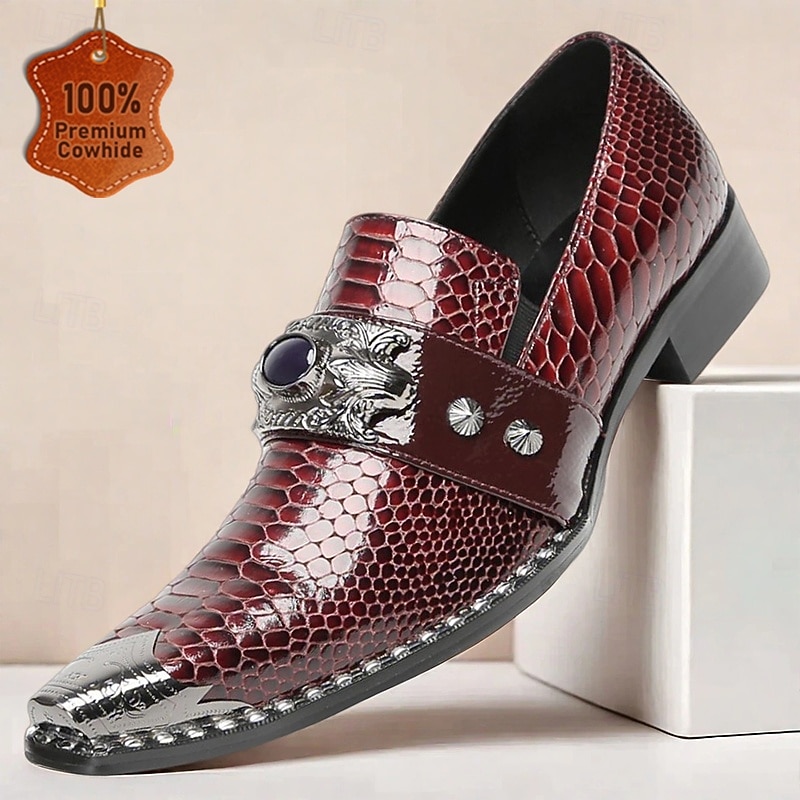 Men's Burgundy Crocodile Pattern Leather Loafers with Metal Buckle and Gemstone Detail, Luxury Dress Shoes for Weddings, Parties and Formal Occasions