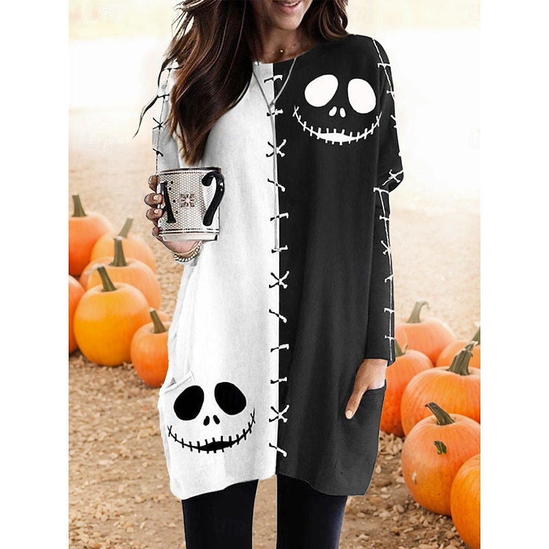 Halloween Women's T shirt Monster Graphic Vintage Fashion Long Sleeve Crew Neck Long Tops Daily Going out Weekend Pocket Print Black White Orange off-white Spring Fall