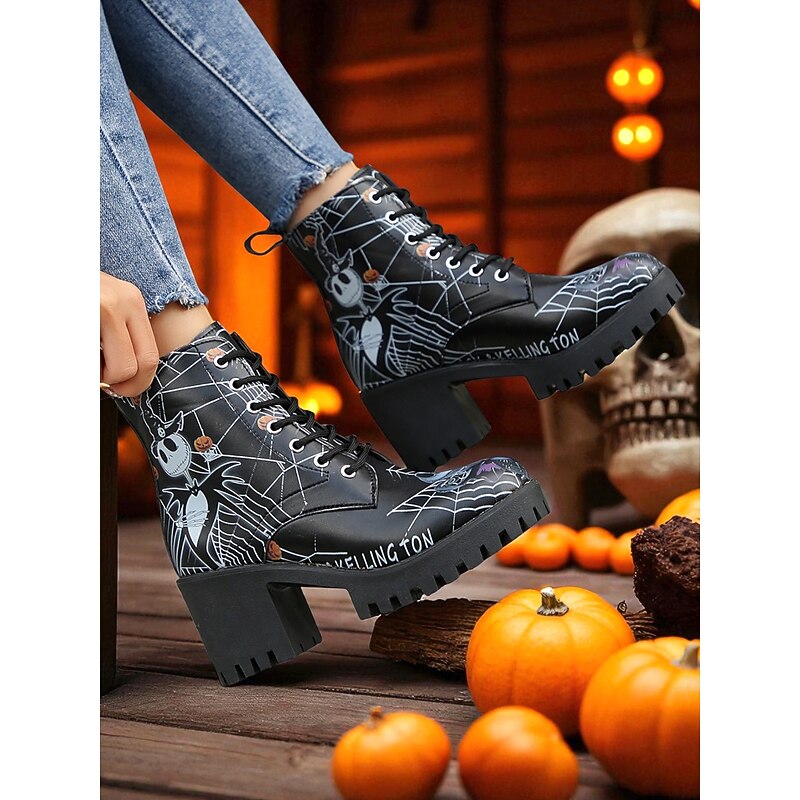 Women's Halloween Skull Print Chunky Heel Combat Boots with Spider Web Design – Gothic Lace-Up Ankle Boots for Cosplay, Trick-or-Treat, and Spooky Fall Fashion3