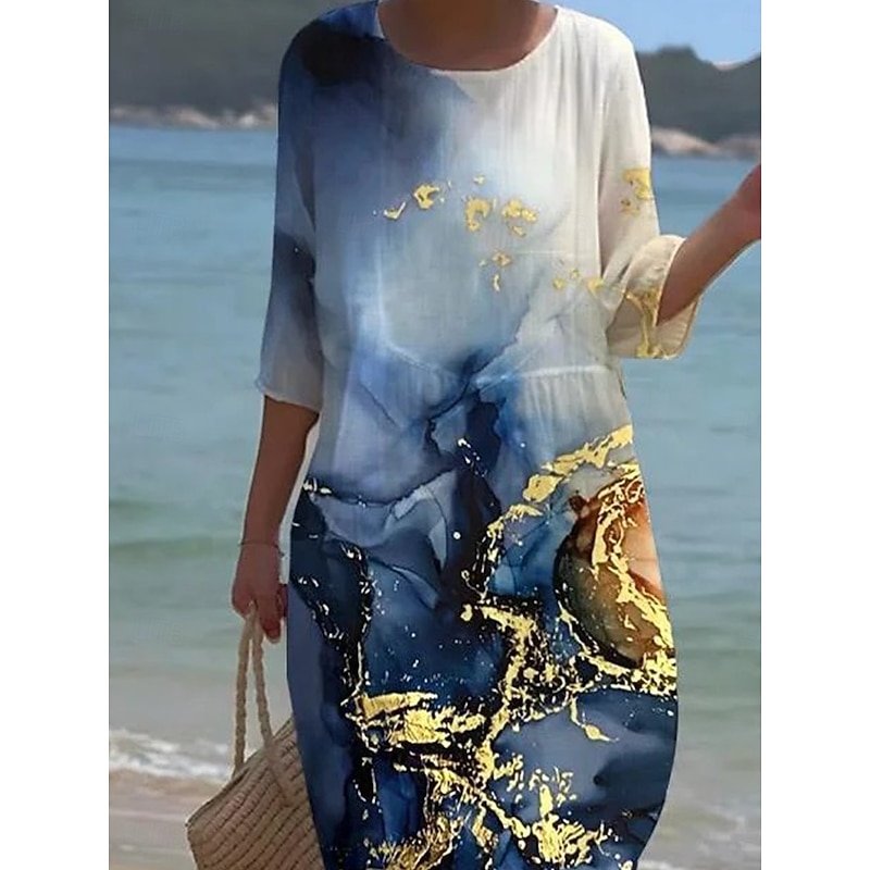 Women's Midi Dress Boho Neck Crew 3/4 Length SleeveBlue Shift Dress A Line Dress Casual Daily Date Loose Fit Floral Graphic2