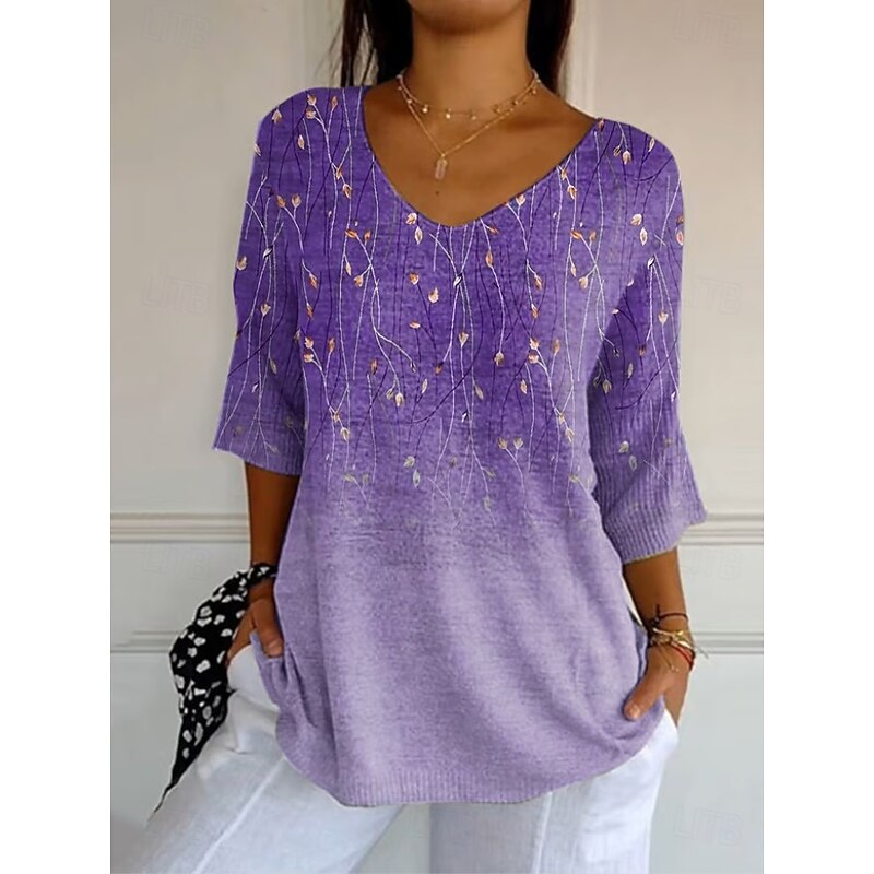 Women's Blouse Floral Graphic Vintage Tropical Stylish 3/4 Length Sleeve V Neck Regular Tops Daily Pink Dusty Rose Purple Summer Spring Fall3