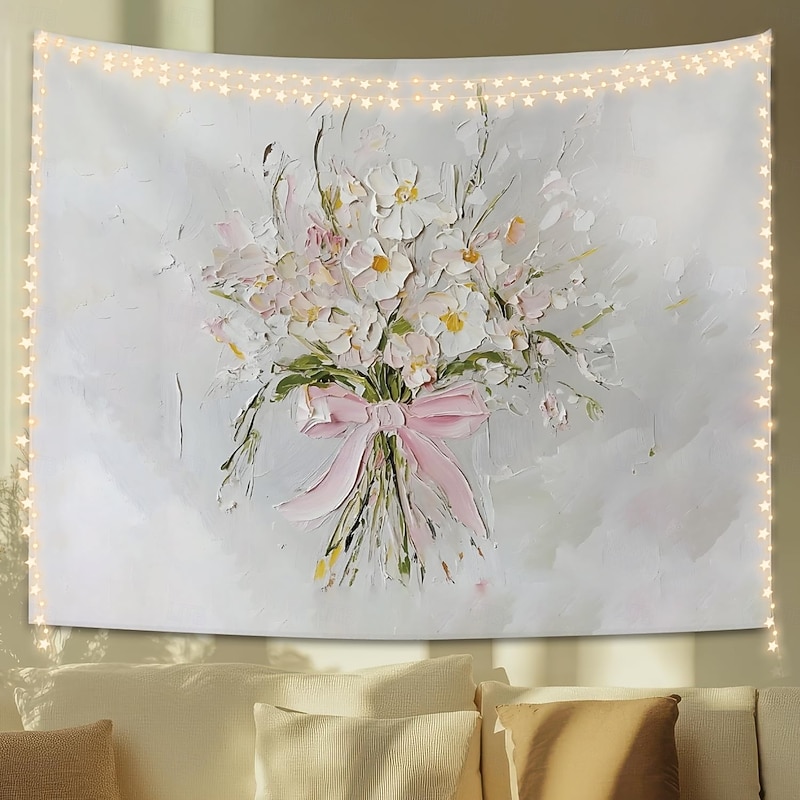 Wildflower Pink Bow Aesthetic Tapestry, Floral Wall Hanging, Neutral Beige Botanical Wall Decor for Girls and Women, Living Room or Bedroom, 50x60 Inch