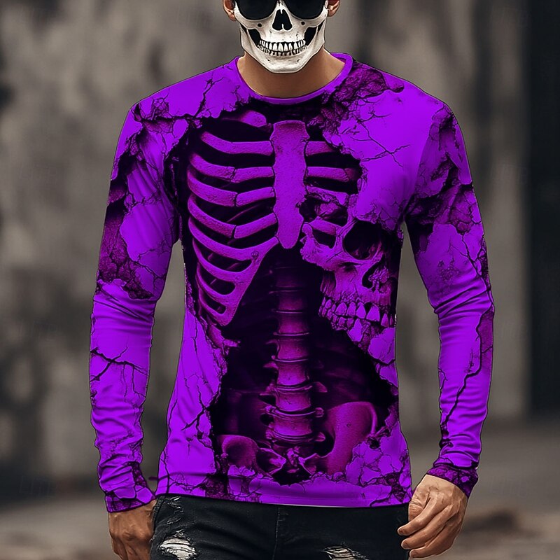 Halloween Day of the Dead Skull Men's 3D Skeleton T Shirt Long Sleeve T shirt 3D Print Crew Neck Shirt Fashion Exaggerated Street Casual Daily Summer Spring Fall Clothing Apparel3