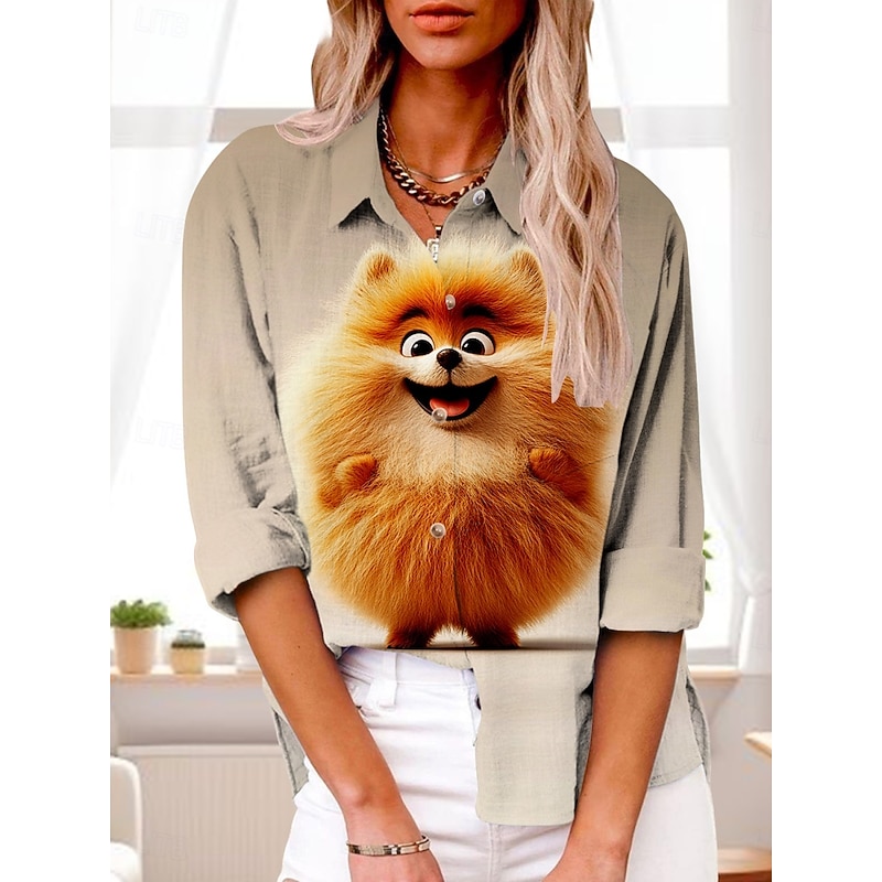 Women's Shirt Graphic Active Daily Stylish Long Sleeve Shirt Collar Regular Tops Daily Holiday Buttons Print Khaki Gray Summer Spring Fall3