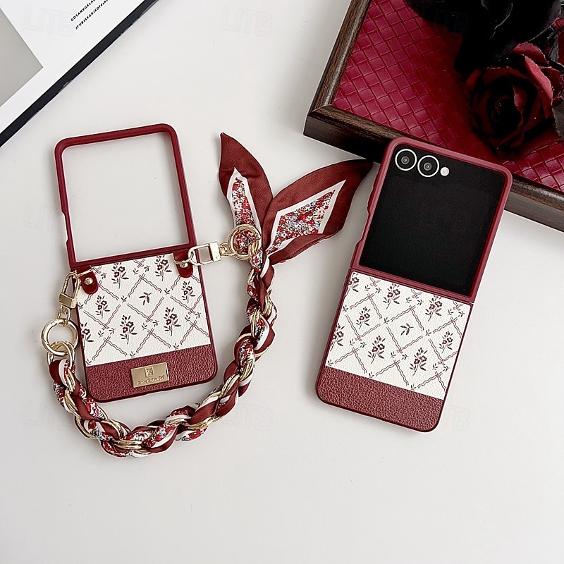Phone Case For Samsung Galaxy Z Flip 7 Z Flip 6 Z Flip 5 Z Flip 4 Back Cover with Lanyard Shockproof Flower Floral PC
