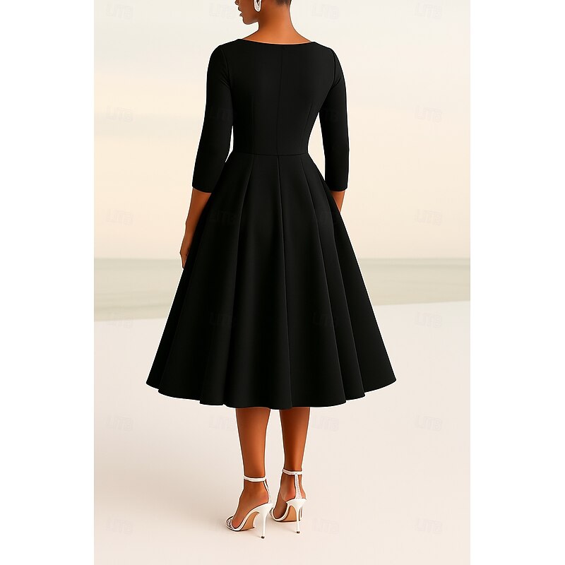 Tuxedo Dress A-Line Formal Wedding Guest Stretch Fabric Elegant Simple Minimalist 3/4 Length Sleeve Knee Length V Neck Lapel4