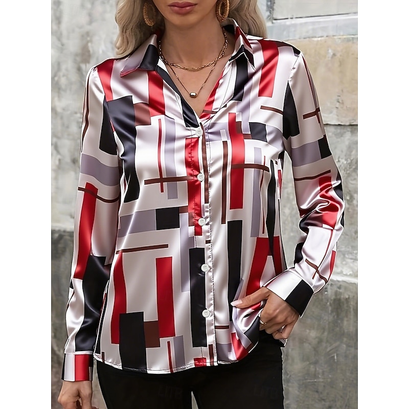 Women's Shirt Work Shirt Graphic Geometric Elegant Stylish Casual Long Sleeve Shirt Collar Regular Tops Work Daily Red Blue Spring Fall Winter3