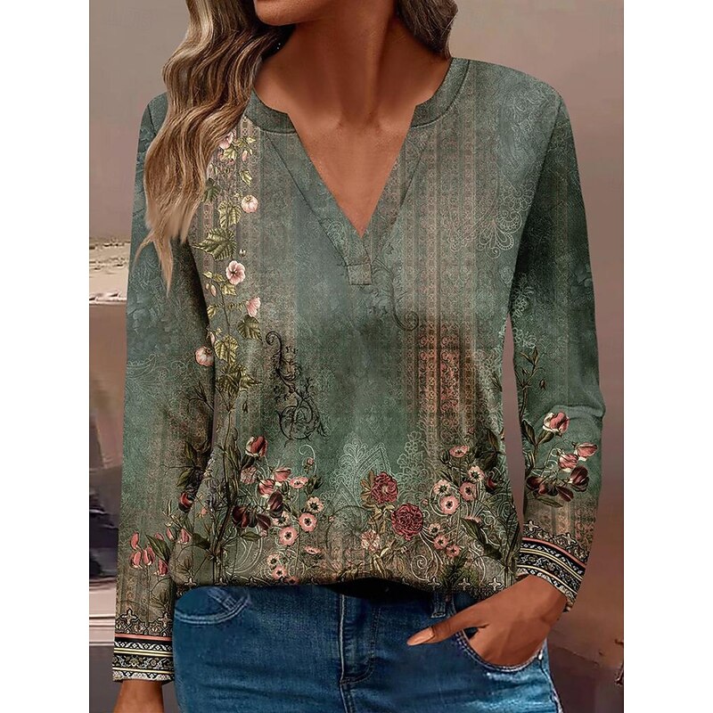Women's T Shirt Floral Casual Long Sleeve Notched Neck Regular Tops Daily Buttons Print Red Blue Purple Green Spring Fall - Main Image